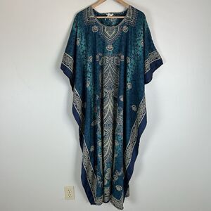 One Size Kaftan Dress Long Maxi Cover Up Paisley Geometric Silky House Muumuu
